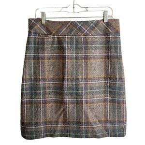 Vintage LL Bean Plaid Tartan Brown Gray Purple Wool Blend Skirt Size 14